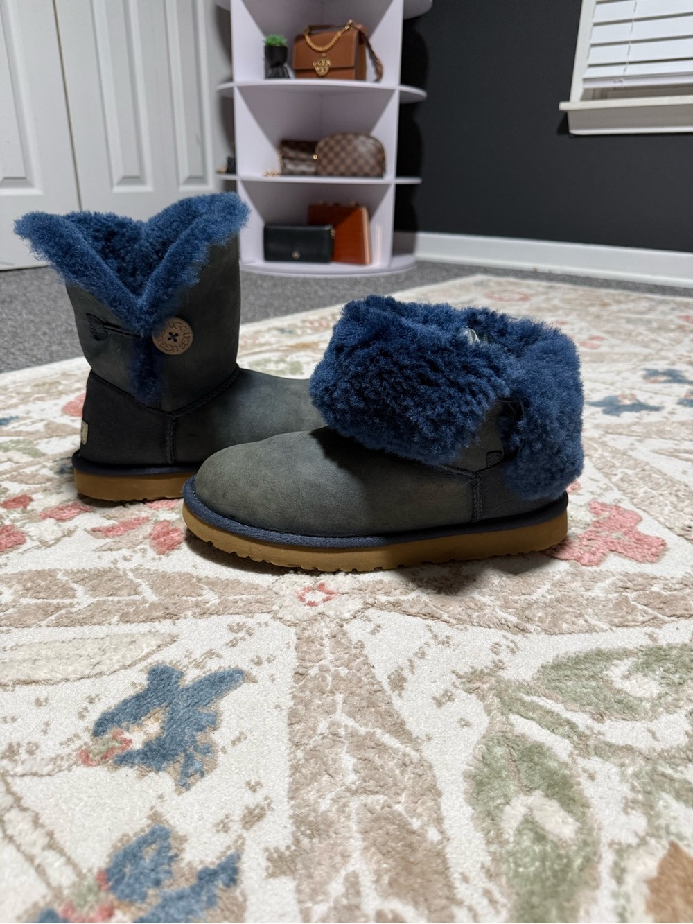 UGG Cozy Navy Shearling Winter Boots with Tan Sole